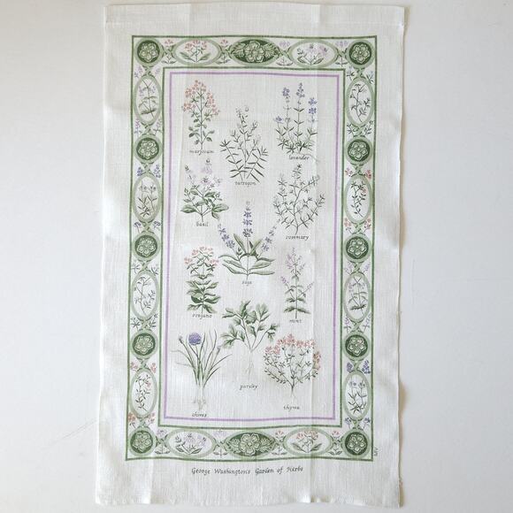 Pure Linen Tea Towel Botanical Garden Herbs Souvenir George Washington Cottage - Picture 1 of 7
